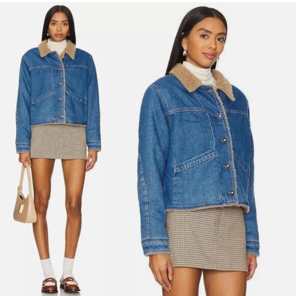 Favorite Daughter Bridget Crop Denim Bomber Jacket Sherpa Lined Concord Relaxed - Picture 3 of 16